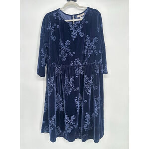 Woman Within Size 18W Blue Floral Velvet Velour Dress 3/4 Sleeve Stretch Pocket